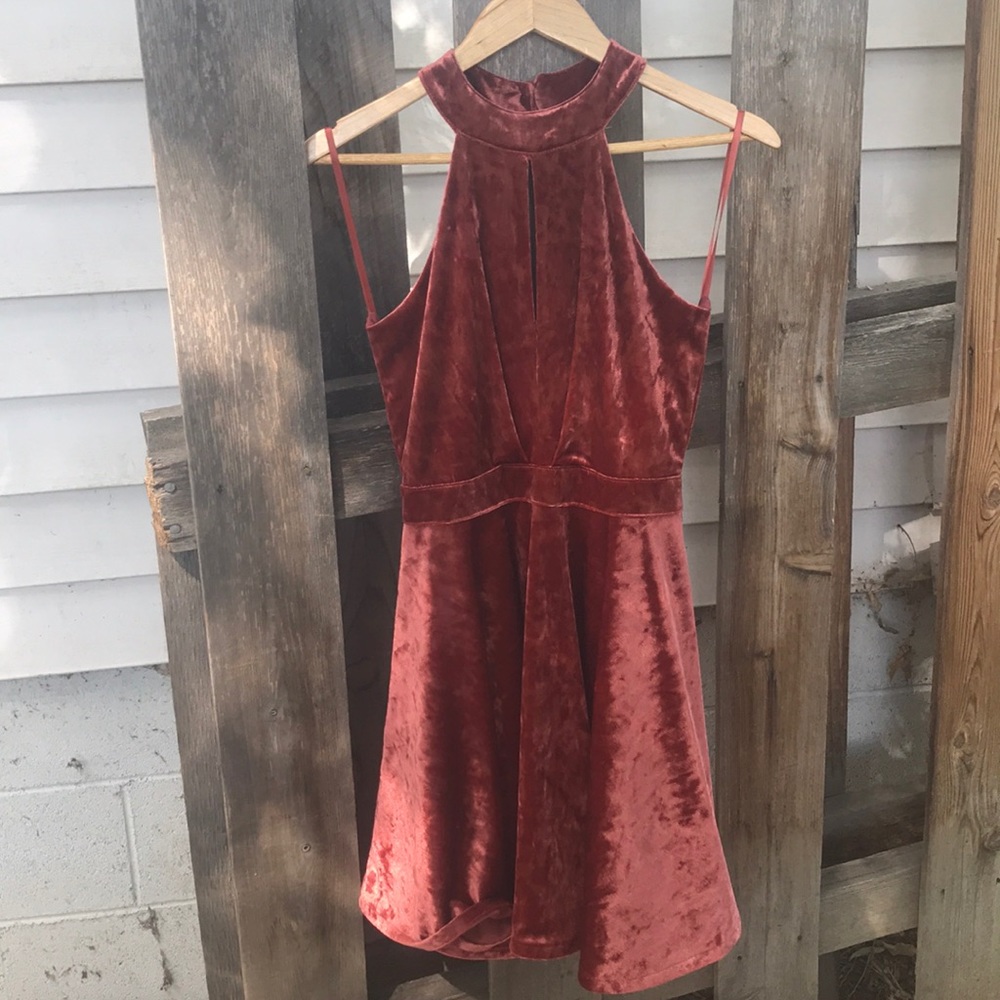 Vanity Room Crushed Velvet Halter Dress Cranberry